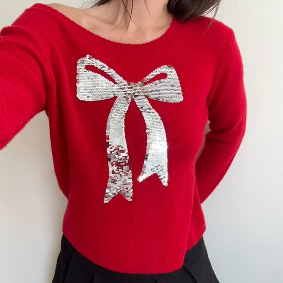 Red sequin sweater bow print holiday Christmas vibe - Picture 3 of 7